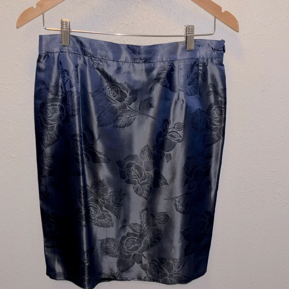 DESIGNER Vintage Yves Saint Laurent Suit Jacket Skirt Blue Brocade Women’s 12 - Picture 7 of 10
